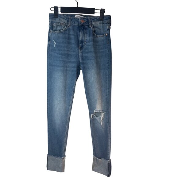 ZARA Womens 6/28 Distressed Cuffed Jeans Size Blue Denim Mid-Rise - Picture 1 of 12